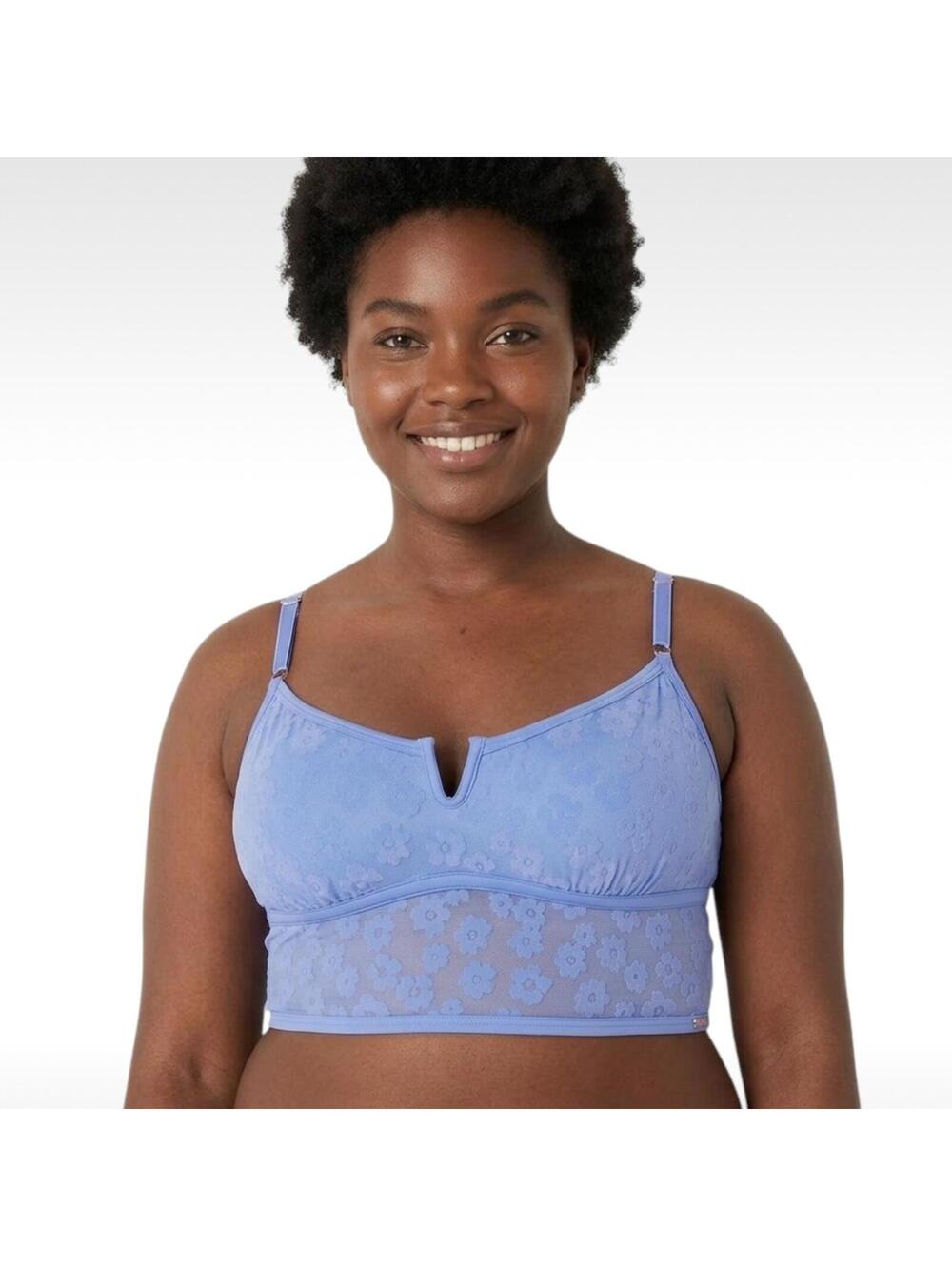 PINK Victoria’s Secret Flocked Floral Mesh Longline Bralette Blue - Size Large